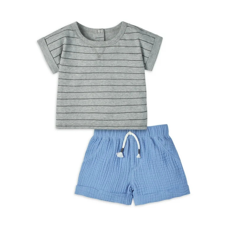 Modern Moments by Gerber Baby Boys Short Sleeve Tee and Gauze Shorts Outfit Set, 2-Piece, Sizes 0... | Walmart (US)