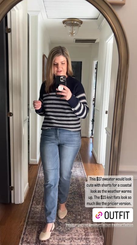 The perfect late winter / early spring $17 sweater from @walmartfashion ! #walmartpartner 

Would look so cute with white shorts in summer for a coastal look too. 

These $18 stretchy straight jeans are my new go-to. The $15 knit ballet flats are super comfortable and work for casual or dressy. All fit TTS. 

#walmartfashion 

#LTKstyletip #LTKmidsize #LTKshoecrush