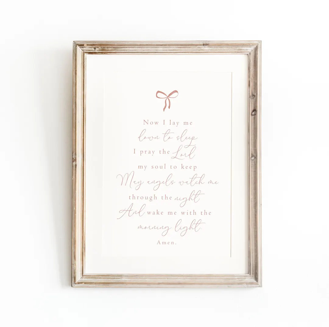 Now I Lay Me Down to Sleep, Girls Pink Bow Print, Nursery Bible Verse Wall Art, Girls Nursery Wal... | Etsy (US)