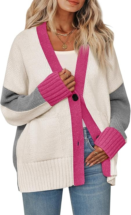 Saodimallsu Womens V Neck Cardigan Sweaters Color Block Button Oversized Long Sleeve Open Front K... | Amazon (US)