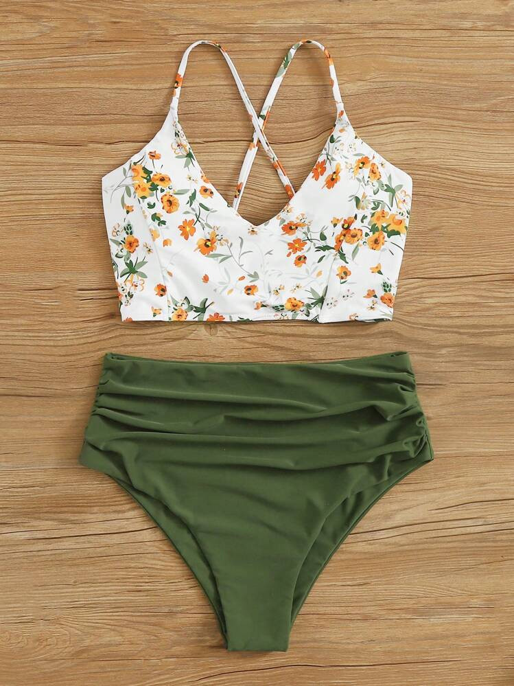 Swim Vcay Summer Beach Floral Print Ruched High Waisted Bikini Set | SHEIN