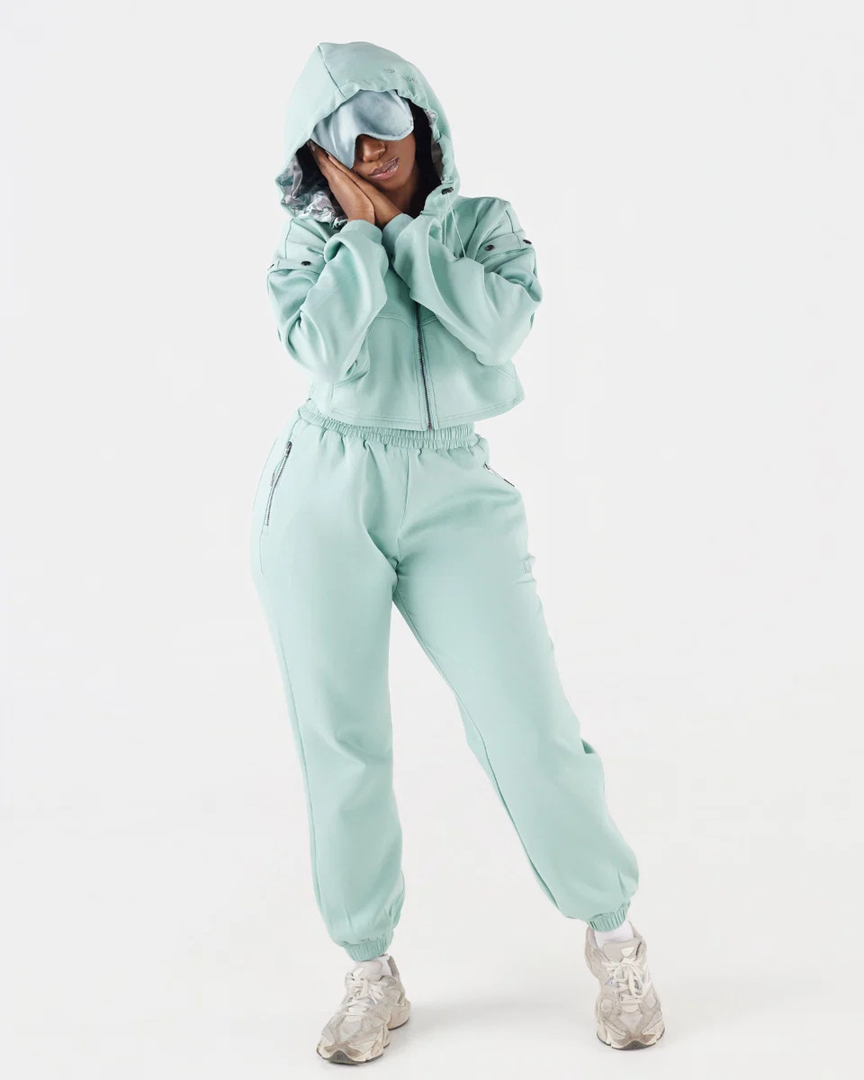 Seafoam Green Satin Lined Crop Zip Travel Set | KIN Apparel