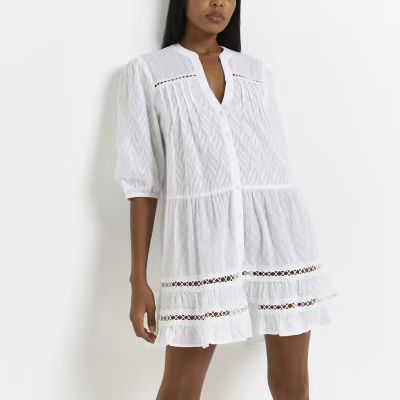 White lace trim jacquard shirt dress | River Island (UK & IE)