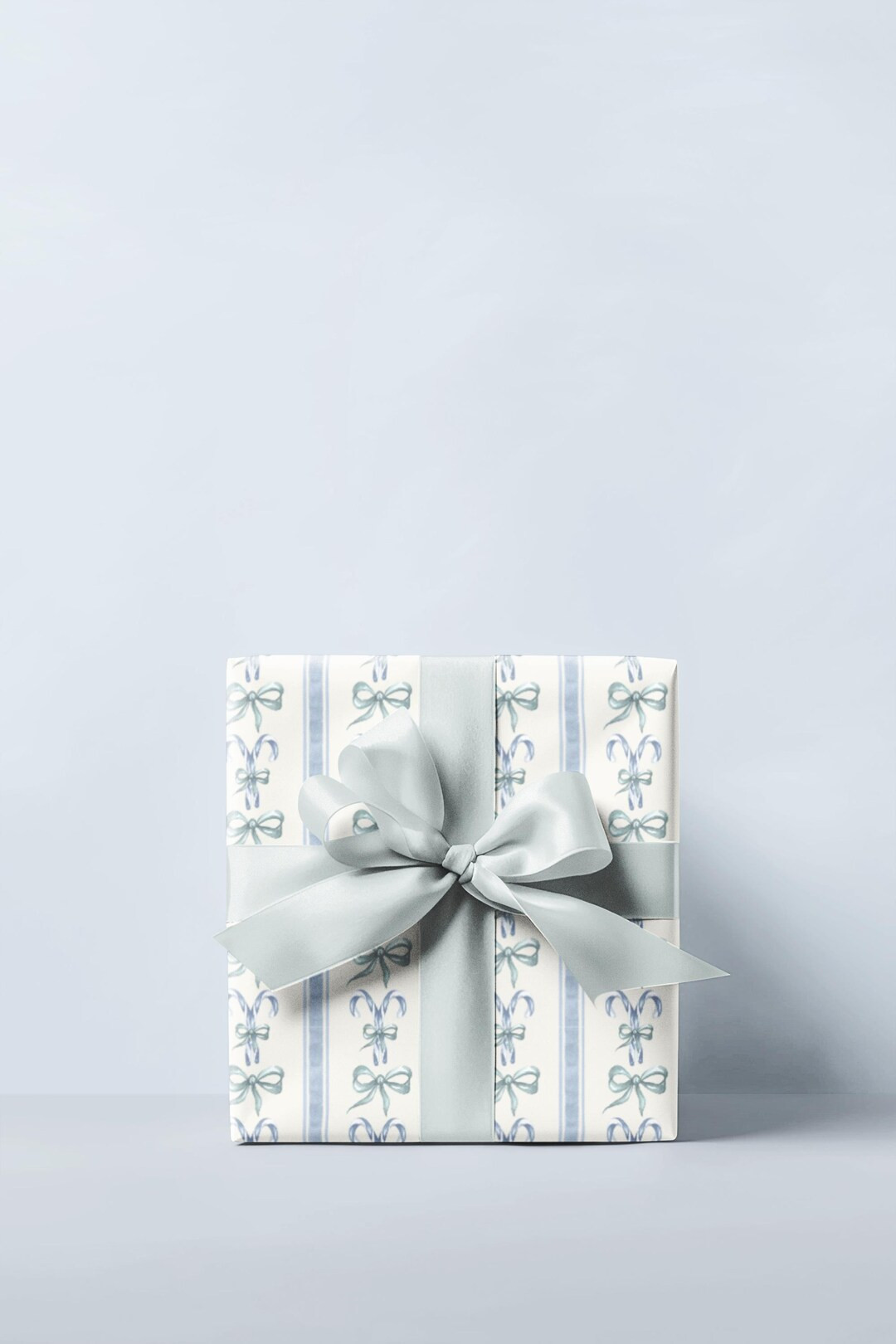 Candy Cane Bow Watercolor Stripe Wrapping Paper Blue Sage Gift Wrap Roll, Christmas, Holiday Gift... | Etsy (US)