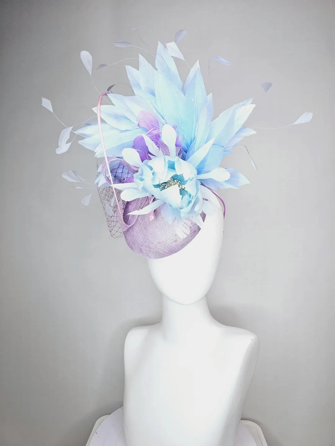 kentucky derby hat fascinator lavender purple sinamay with bow baby blue feather flower and purpl... | Etsy (US)