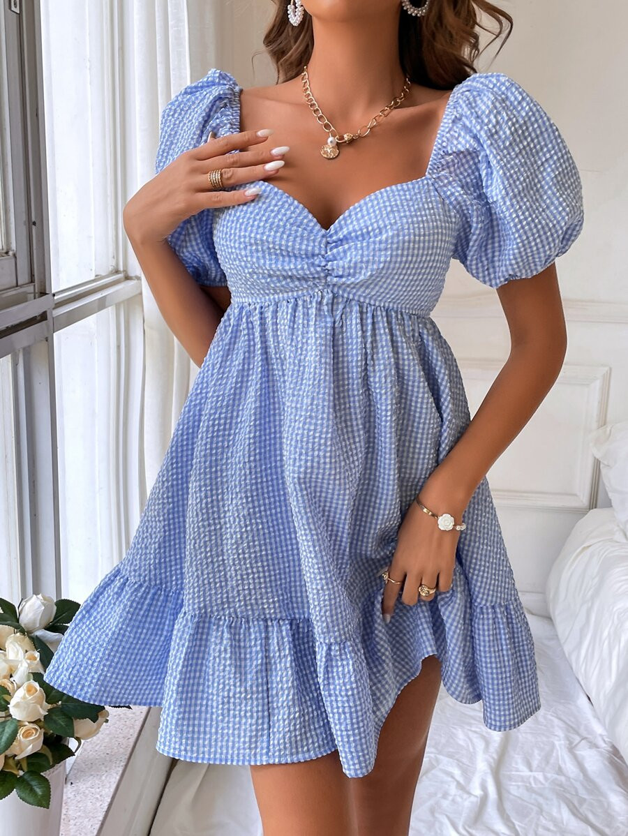 SHEIN WYWH Gingham Sweetheart Neck Ruched Ruffle Hem Dress | SHEIN