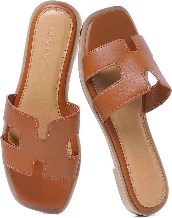 vivianly Women's Square Open Toe Flat Sandals Comfortable Slip On Slide Sandals Casual Dressy Sum... | Amazon (US)