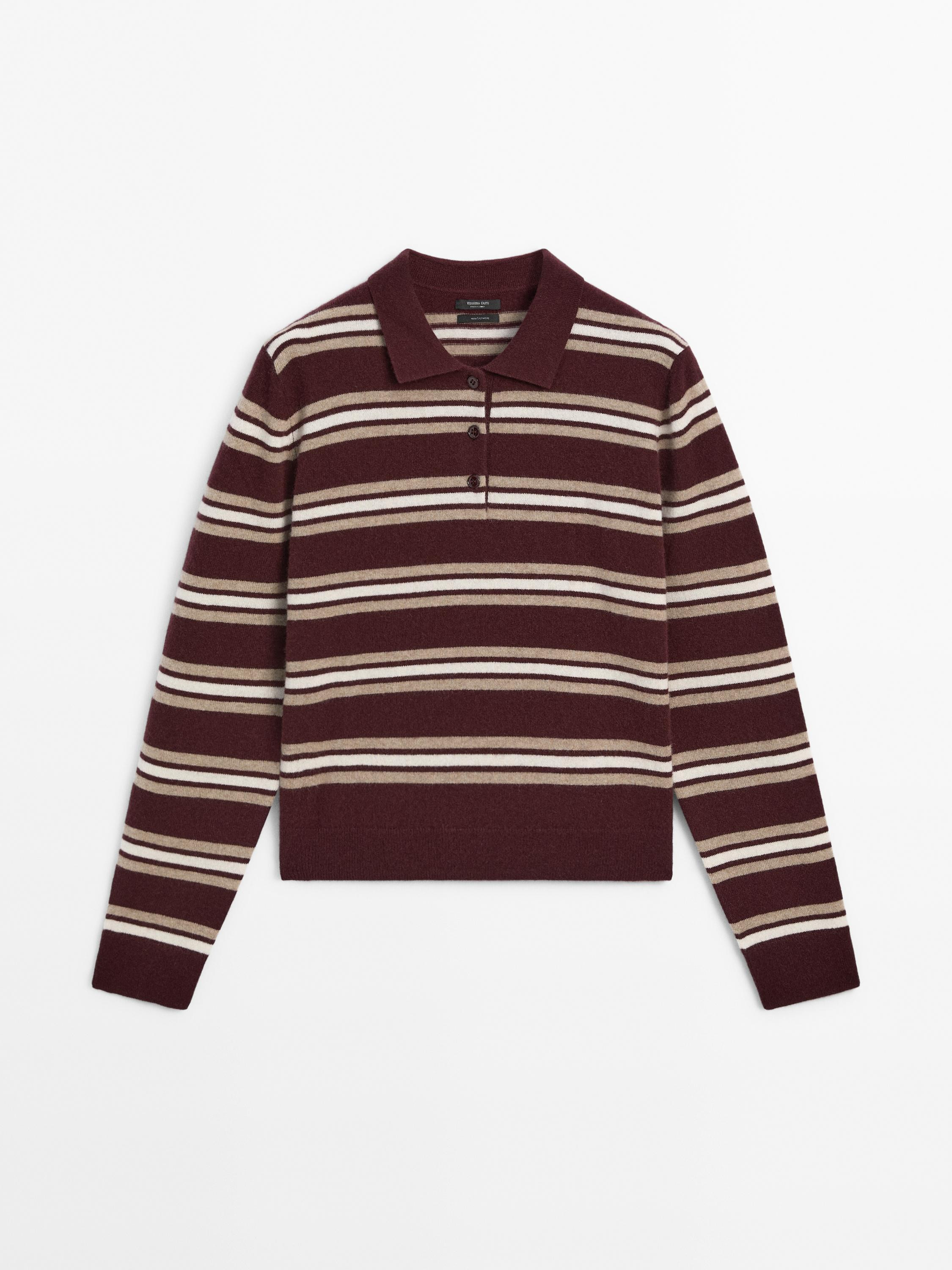 100% cashmere striped knit polo sweater | Massimo Dutti UK