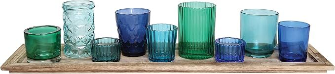 Creative Co-Op DA5406 Wood Tray with 9 Blue & Green Glass Votive Holders,Cool Blues | Amazon (US)