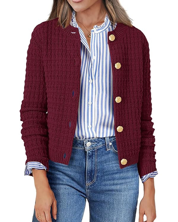 Zeagoo Women's 2025 Cardigan Sweaters Button Down Crew Neck Open Front Long Sleeve Knit Cropped J... | Amazon (US)