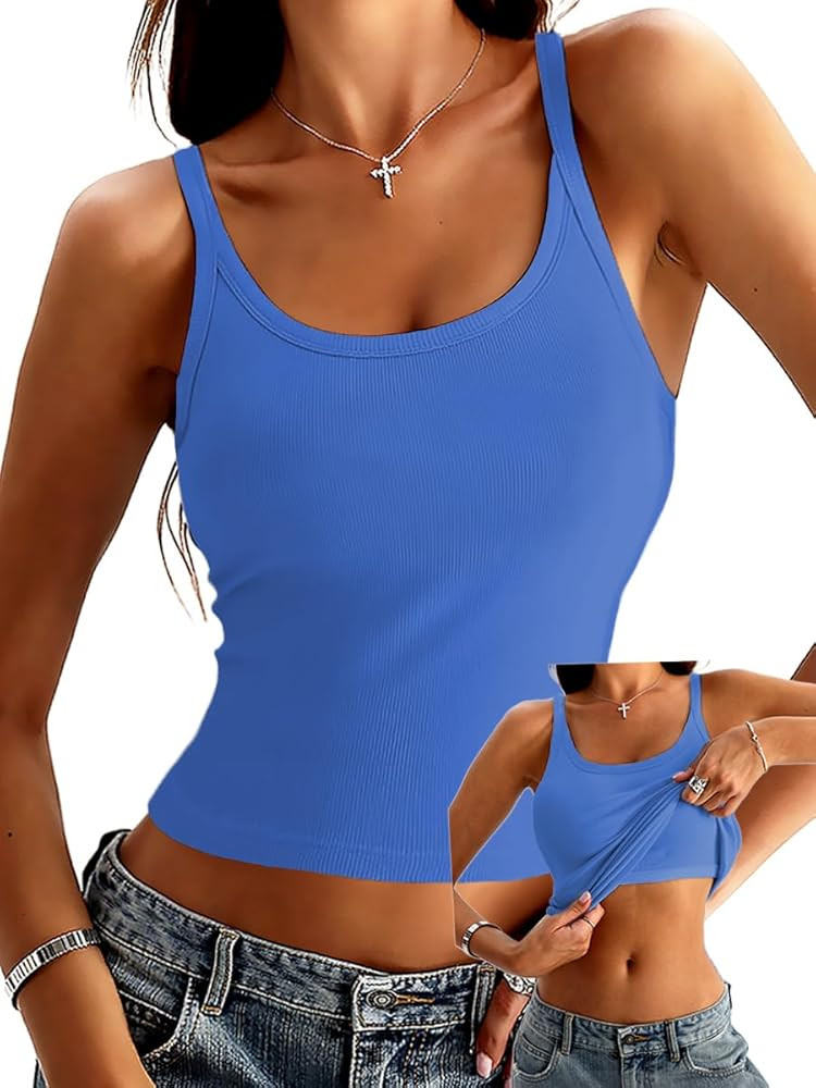 Danysu Women's Tank Tops with Bulit in Bras Scoop Neck Ribbed Fitted Knit Crop Halter Tops Spaghe... | Amazon (US)