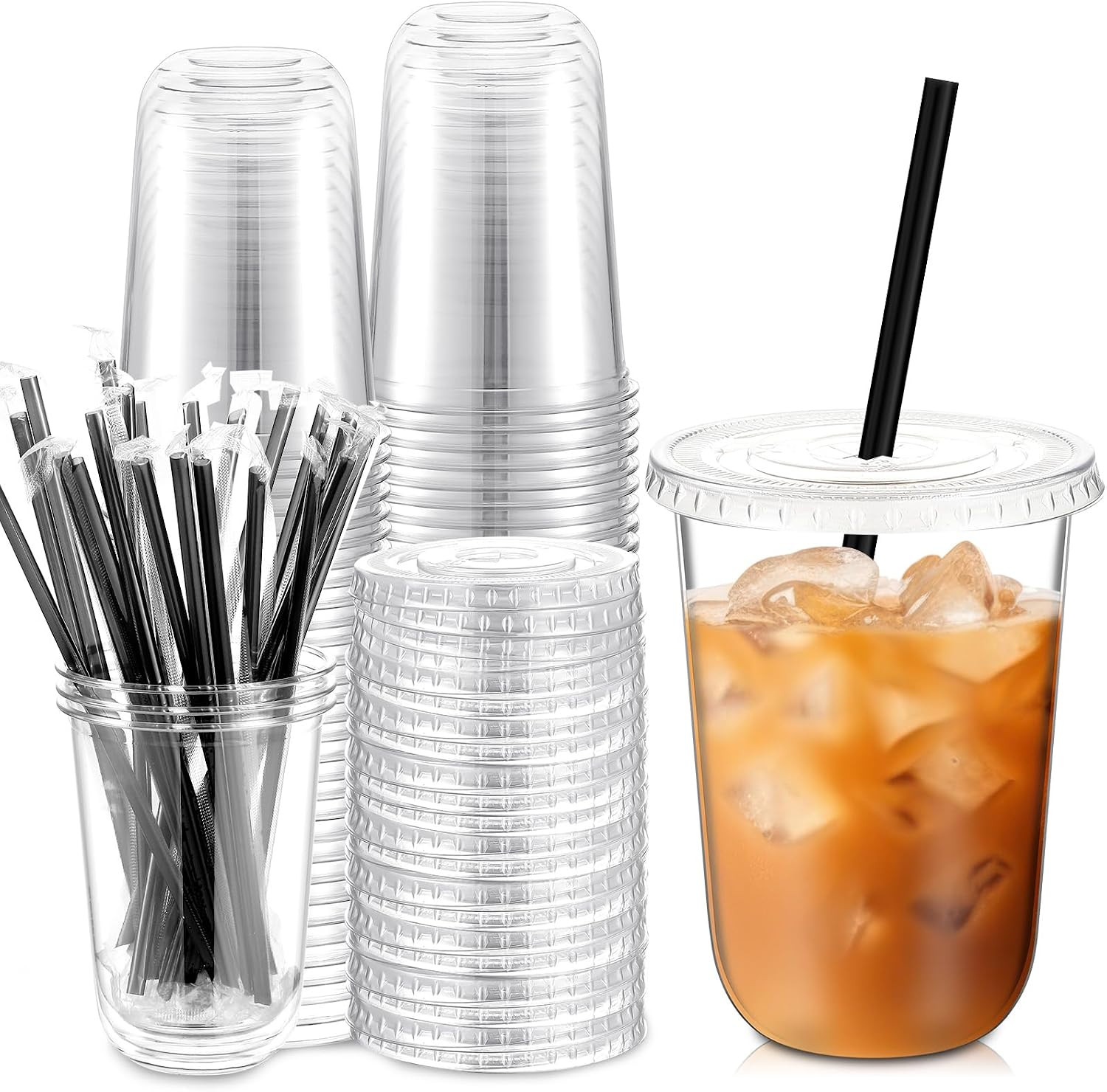 Ziliny 25 Sets 16 oz Clear Plastic Iced Coffee Cups with Lids and Straws | Amazon (US)