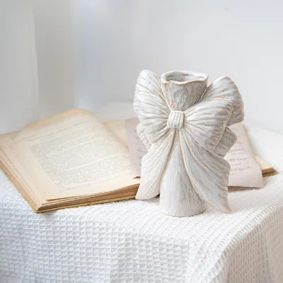 Beige White Bow Vase, 7 Inch Cute Boho Ceramic Bouquet Bud Flower Vase, Unique Textured Vintage Modern Funky Home Living Room Table Decor | Wayfair North America