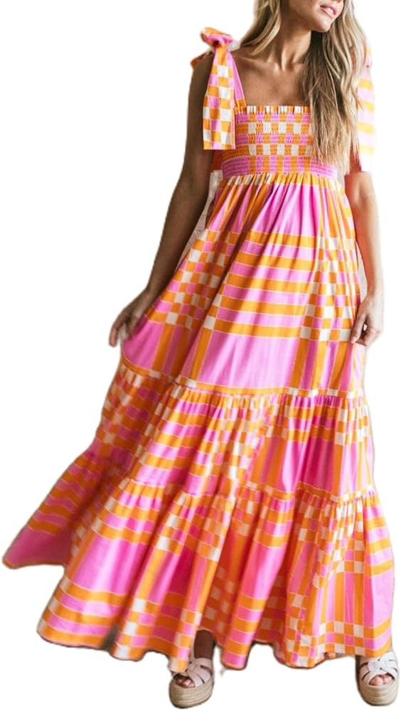 Womens Summer Floral Boho Tie Maxi Dress Sexy Backless Spaghetti Strap Smocked Sun Dress Long Flo... | Amazon (US)