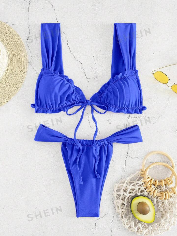 New Fashion Sexy Solid Color Bikini Swimsuit, Women's Halterneck Swimsuit With Tassel & Ruffles D... | SHEIN