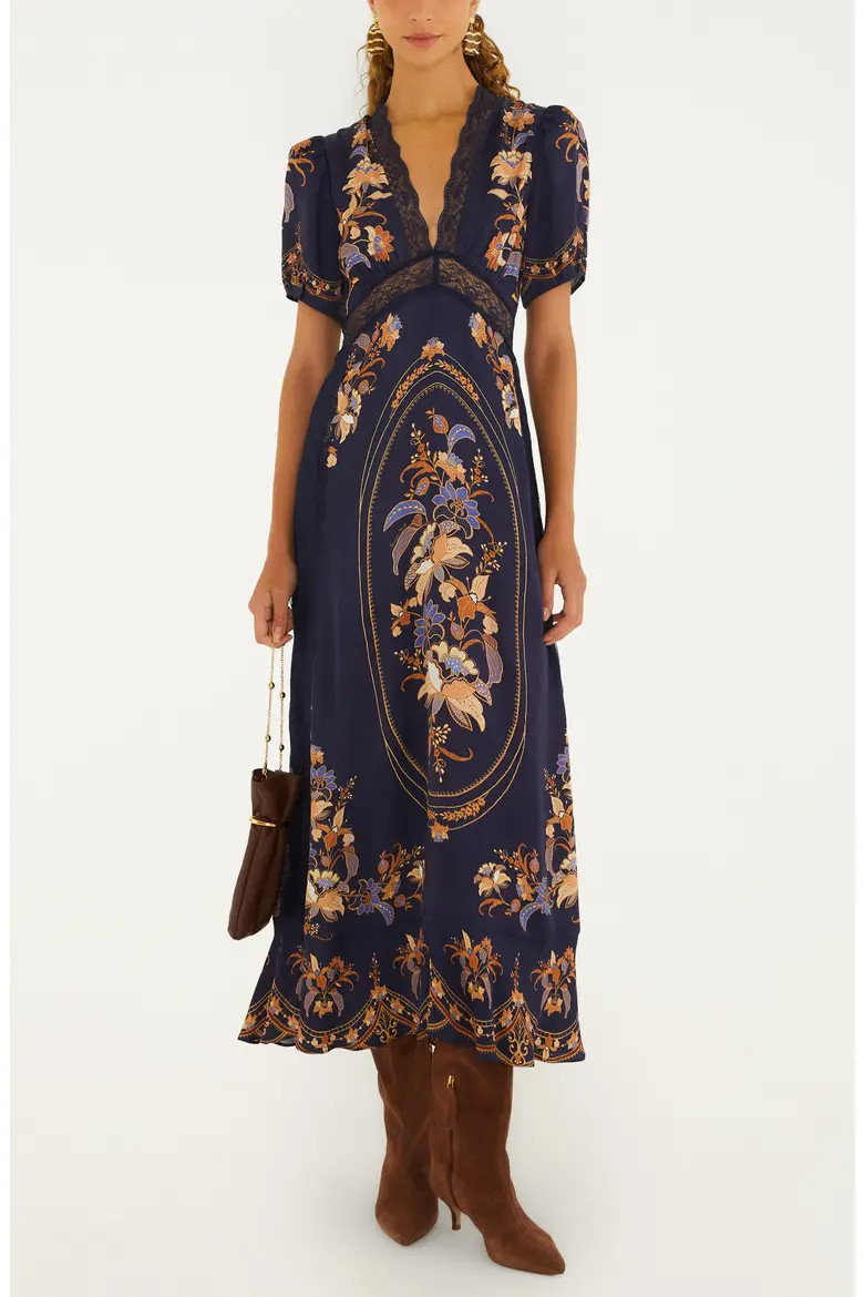 FARM Rio Lara Print Lace Trim Maxi Dress in Blue at Nordstrom, Size Medium | Nordstrom