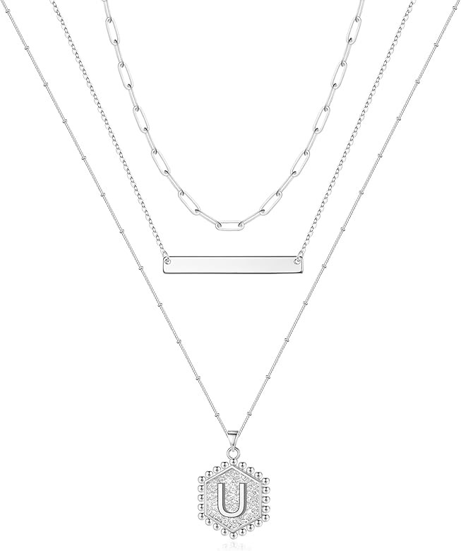 Turandoss Silver Layered Initial Necklaces for Women, 14K White Gold Plated Paperclip Chain Neckl... | Amazon (US)