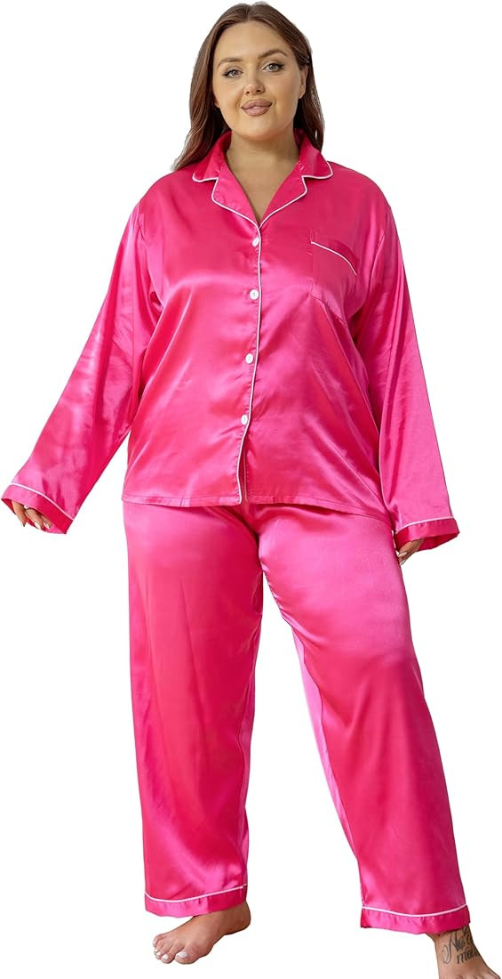 Vozanet Women's Plus Size Button Down Pajama Sets Satin Silky Long Sleeve Long Pants Sleepwear Lo... | Amazon (US)