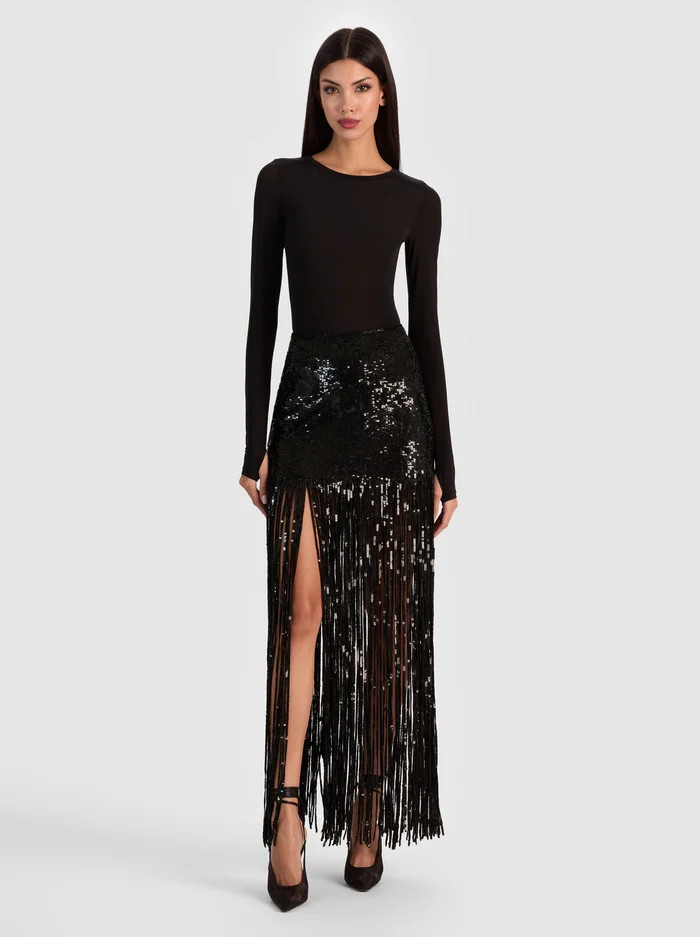KENDRA SEQUIN FRINGE MAXI SKIRT | Alice + Olivia