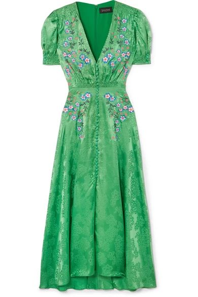 Saloni - Lea Embroidered Silk-satin Jacquard Midi Dress - Green | NET-A-PORTER (UK & EU)