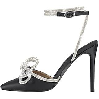 Bieosnli Women's Satin Lace Up High Heel Sandals Ankle Buckle Straps Pump Rhinestone Strip Bowkno... | Amazon (US)