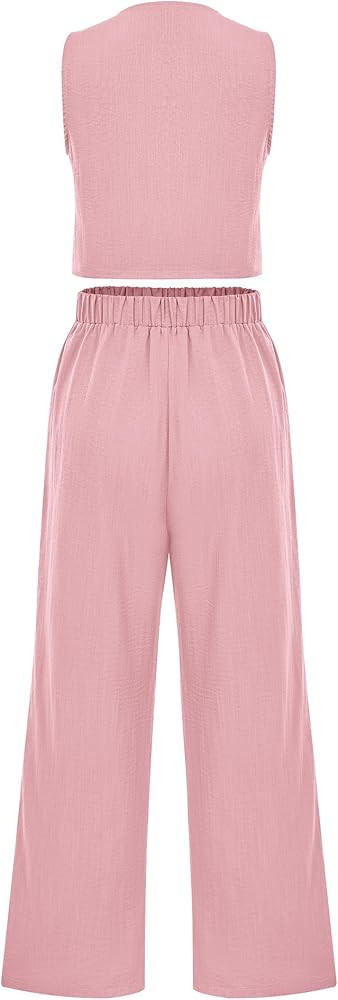 KIRUNDO Women Two Piece Sets 2024 Summer Lightweight Sleeveless Button Up V Neck Vest Waistcoat a... | Amazon (US)