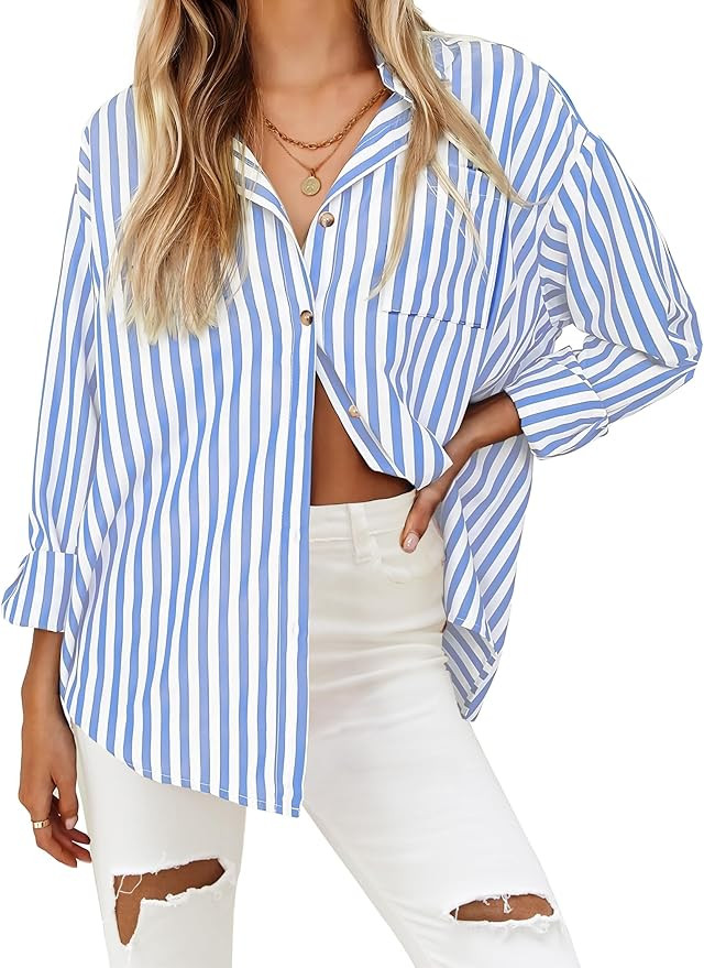 HOTOUCH Women's Striped Button Down Shirts Casual Long Sleeve Boyfriend Loose Collared Blouses To... | Amazon (US)