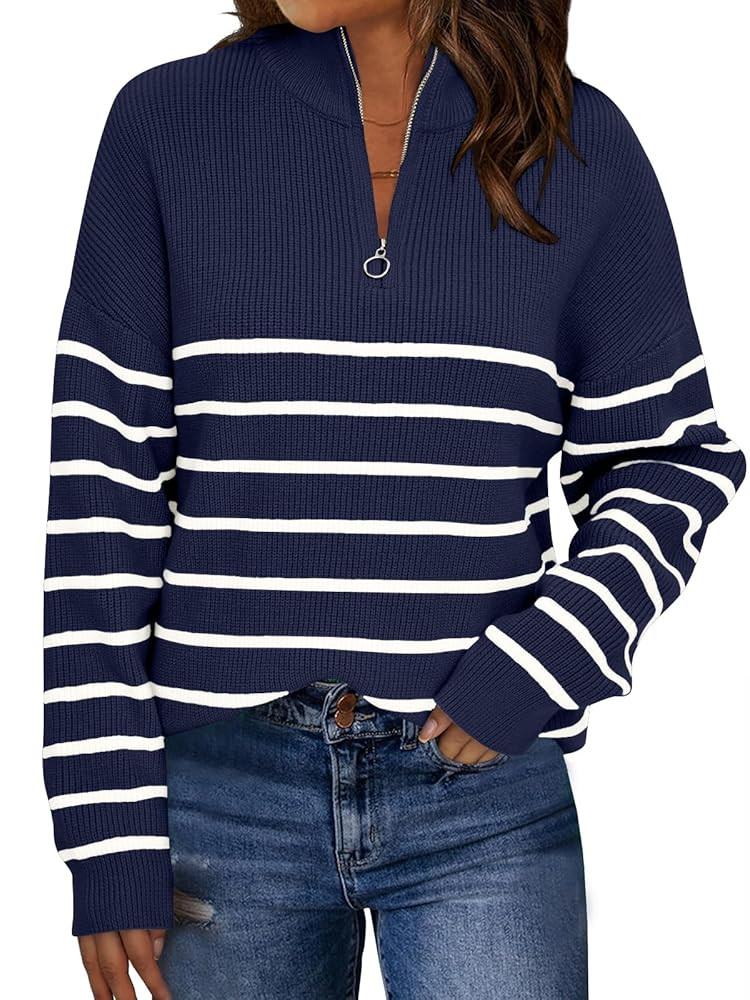 LILLUSORY Women's Quarter Zip Striped Oversized Sweater 2025 Mock Turtleneck Fall Fashion Outfit | Amazon (US)