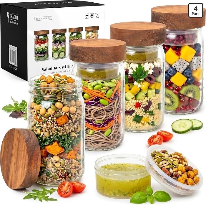 4 Pack Glass Salad Jars with Wooden Lids for Meal Prep, Leakproof Container with Two Small Built in Cups for Wet/Dry Separation 32oz

#LTKHome #LTKmomlife