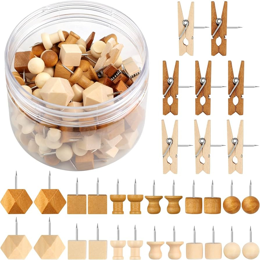 120Pcs Wooden Thumb Tacks, 7 Shapes Push Pins for Cork Board Decoration, Wall, Bulletin Boards, W... | Amazon (US)