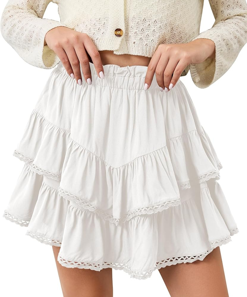 MISSACTIVER Womens Flowy Ruffle Tiered Shorts Elastic High Waist Pleated Mini Skirt Boho Crochet ... | Amazon (US)