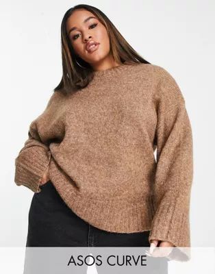 ASOS DESIGN Curve premium sweater with crew neck in wool blend yarn in brown | ASOS (Global)