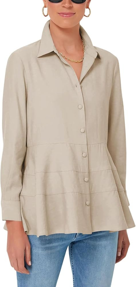 Cicy Bell Women's Button Down Shirts Collared V Neck Long Sleeve Peplum Tiered Blouse Tops | Amazon (US)
