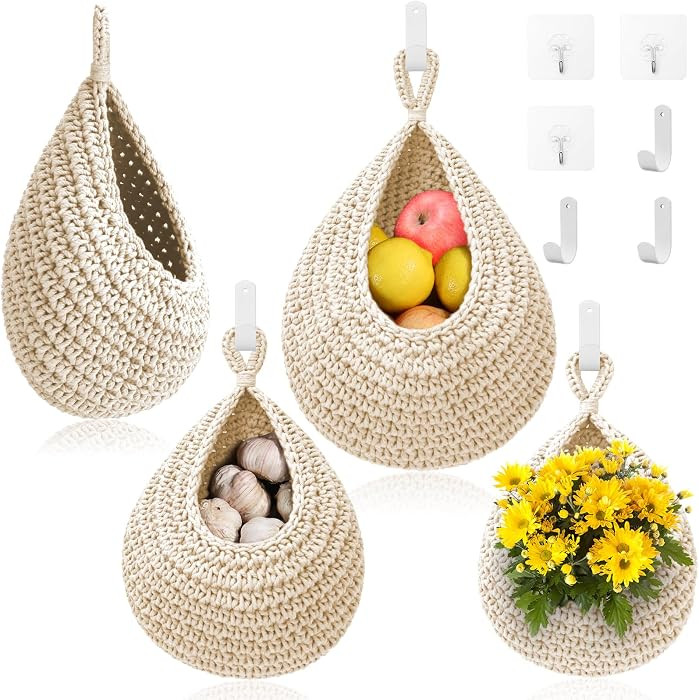 Hanging Fruit Baskets for Kitchen - 3 Pack Boho Wall Hanging Basket with 6 Pcs Strong Hooks, Hand... | Amazon (US)
