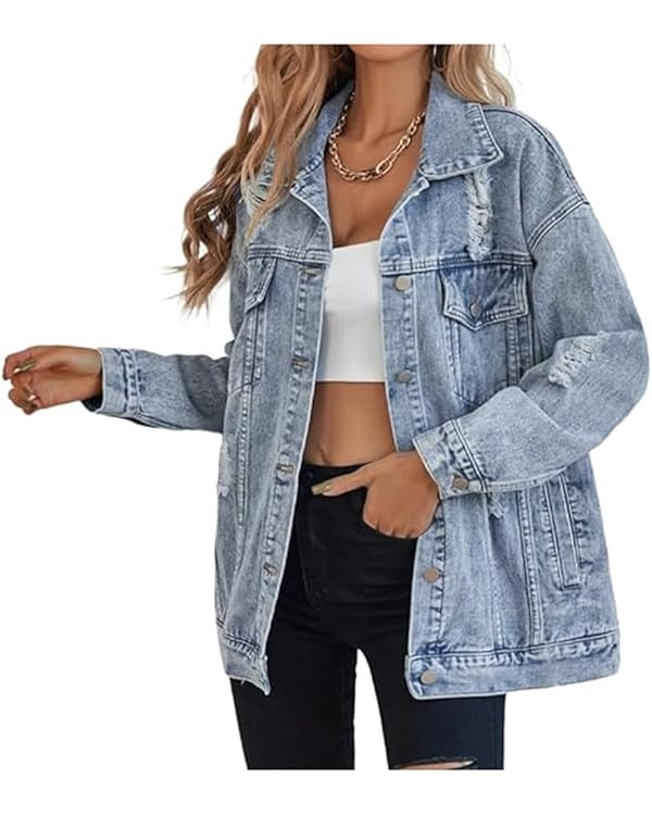 LifeShe Women's long oversized denim jacket boyfriend ripped distressed jean jackets coat | Amazon (US)