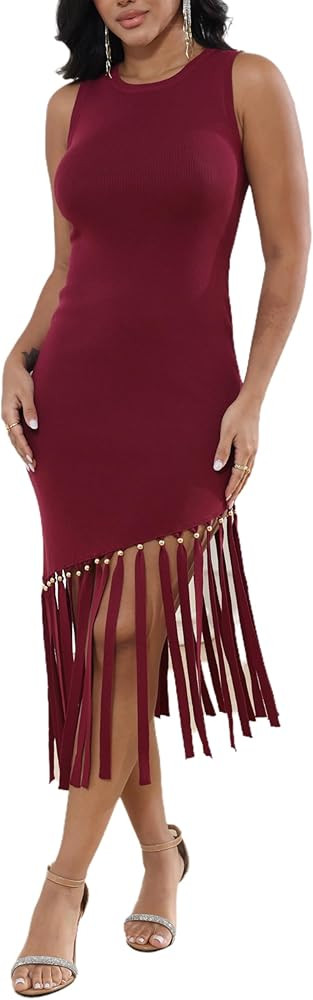 ECHOINE Women Knit Bodycon Midi Dress Sleeveless Ribbed Asymmetrical Fringe Tassel Cocktail Party... | Amazon (US)