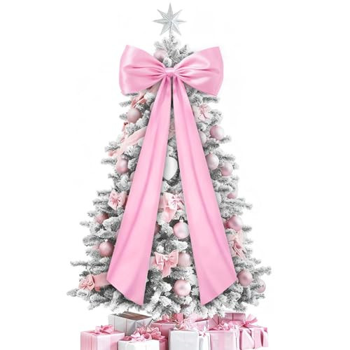 JOICEE Christmas Extra Large Tree Topper Bow, 20 x 47 Inches Pink Stain Bow Christmas Tree Topper Decorations Giant Xmas Wreath Bows for Home Wall Door Party Holiday Birthday Wedding Decor | Amazon (US)