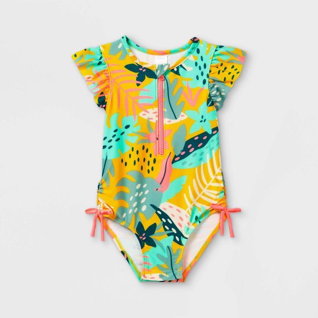 Toddler Girls' Leaf Print Ruffle Sleeve One Piece Swimsuit - Cat & Jack™ Yellow | Target