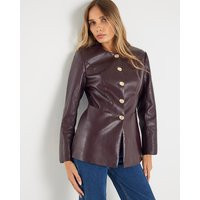 River Island Womens Red Faux Leather Button Collarless Jacket | River Island UK & IE