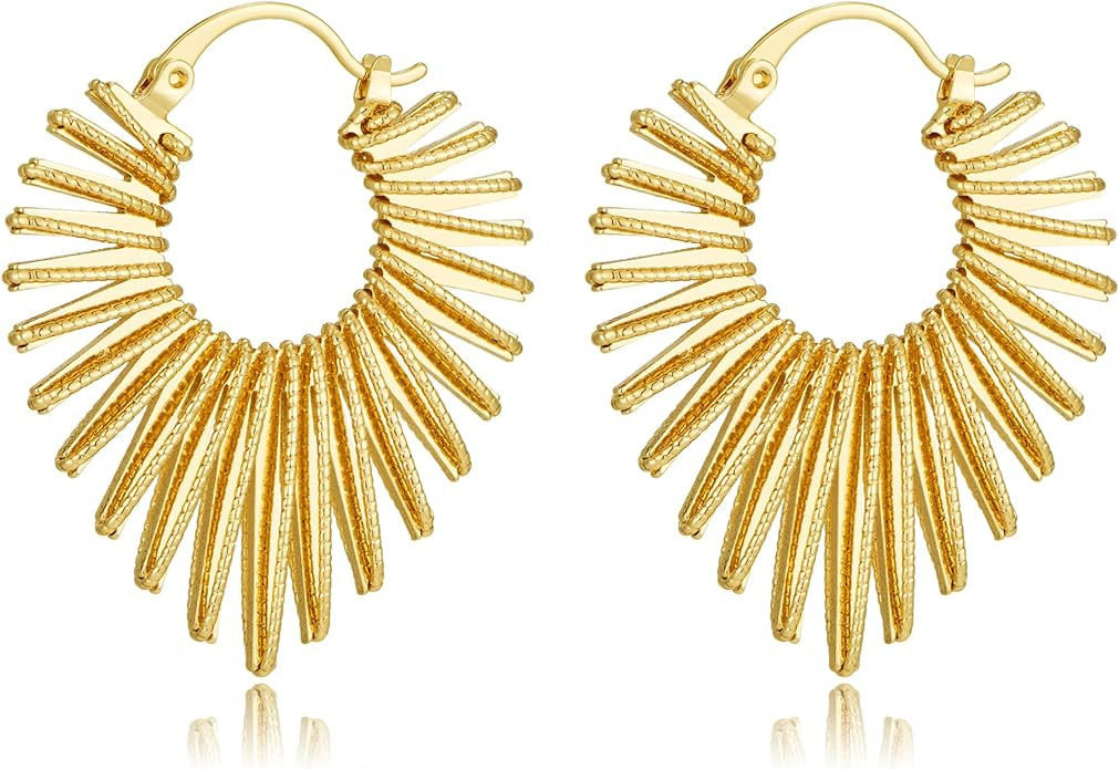 Gold Fan- Shaped Hoop Earrings for Women 14K Gold Plated Hypoallergenic Earrings Everyday Fashion... | Amazon (US)