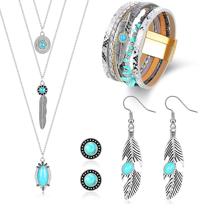 6 Pcs Western Jewelry for Women Boho Turquoise Necklace Bracelet Earring Jewelry Set Bohemian Dan... | Amazon (US)