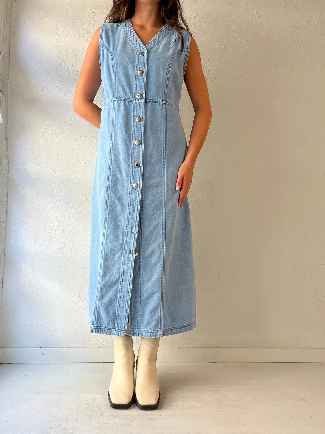 90s 'fads' Button up Denim Maxi Dress / Medium - Etsy | Etsy (US)