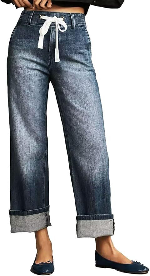 Flamingals Drawstring Straight Leg Cropped High Rise Casual Raw Hem Denim Pants | Amazon (US)