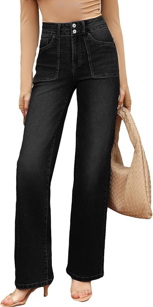 EVALESS Women's Wide Leg Jeans High Waisted Straight Leg Jeans Trendy Stretchy Loose Zimbaplatinu... | Amazon (US)