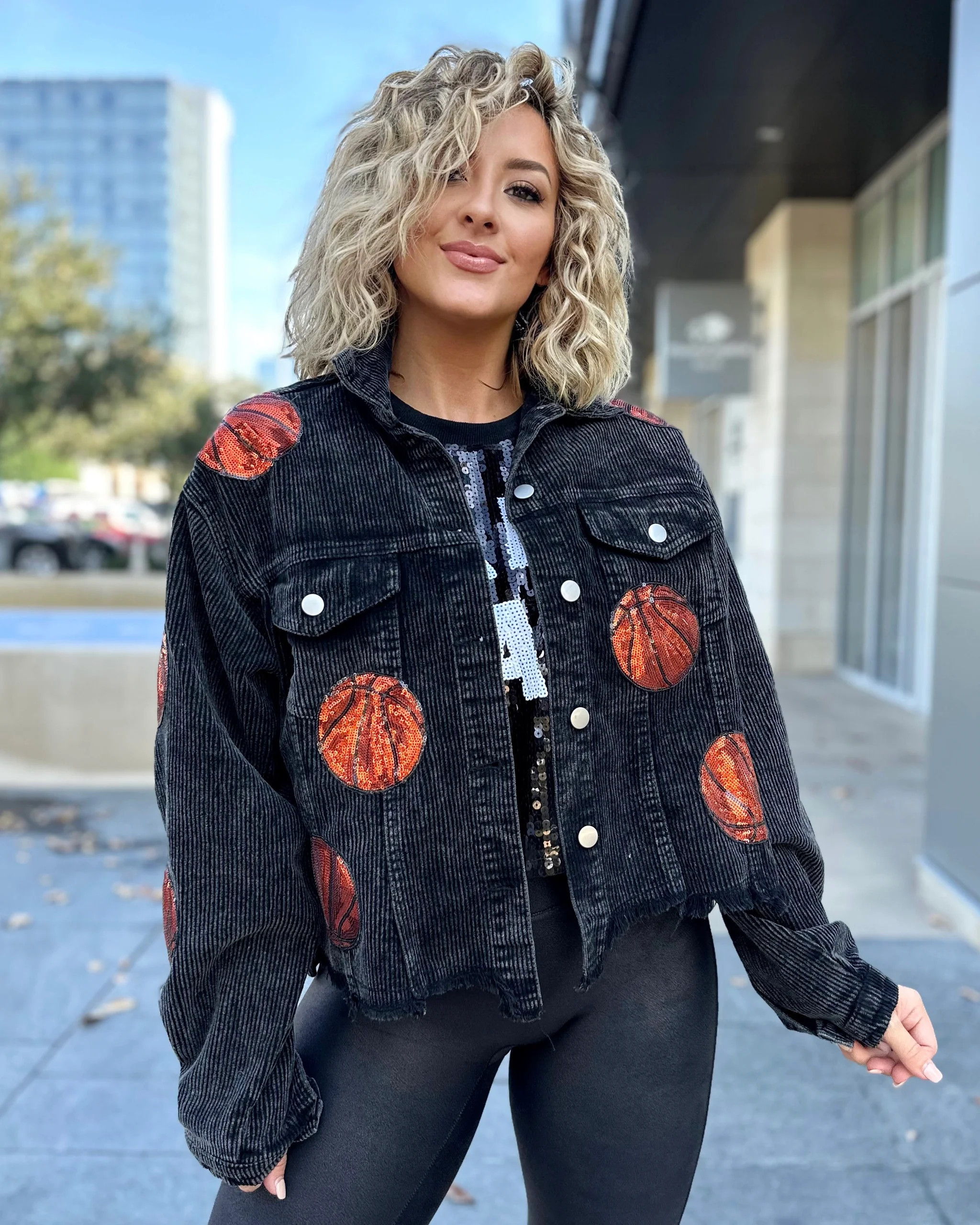 Basketball Black Corduroy Sequin Cropped Jacket | Live Love Gameday®