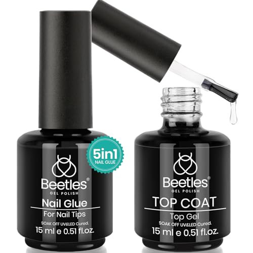 beetles Gel Polish 5 in 1 Nail Glue Base Gel and No Wipe Top Coat Kit 2PCS 15ML for Gel Nails and Gel Nail Polish Easy Nail Extension Gel, Soak Off LED Gel Shine Finish and Long Lasting | Amazon (US)
