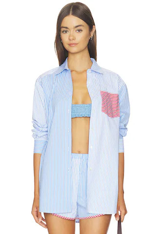 Solid & Striped The Avril Button Down in Colorblock Marina Blue Stripe from Revolve.com | Revolve Clothing (Global)