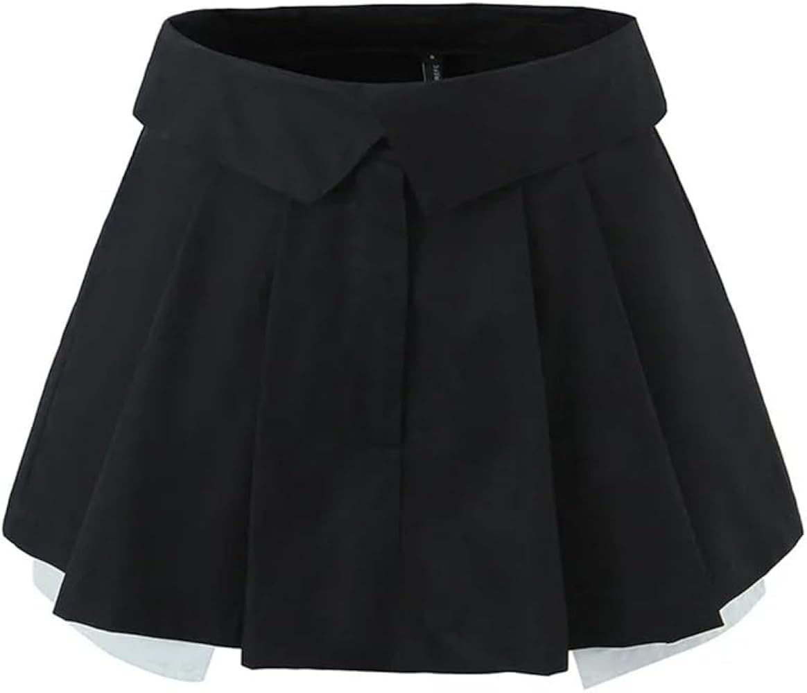 Woman Spring Summer Preppy Style Pleated Stitching Mini Skirt High Waist Slim Flanging Skirt | Amazon (US)