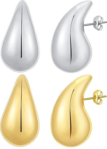 POVIK 2 Pair Teardrop Earrings Dupes for Women Gold/Silver Chunky Hoop Earring Dangle Water Drop ... | Amazon (US)