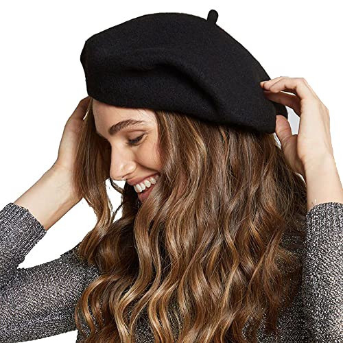 Womens Wool French Beret Chic Solid Beanie Hat Stretchable Classic Beret 22.5" for One Size (as1, Alpha, one_Size, Solid Black, 22.5" fit for One Size) | Amazon (US)